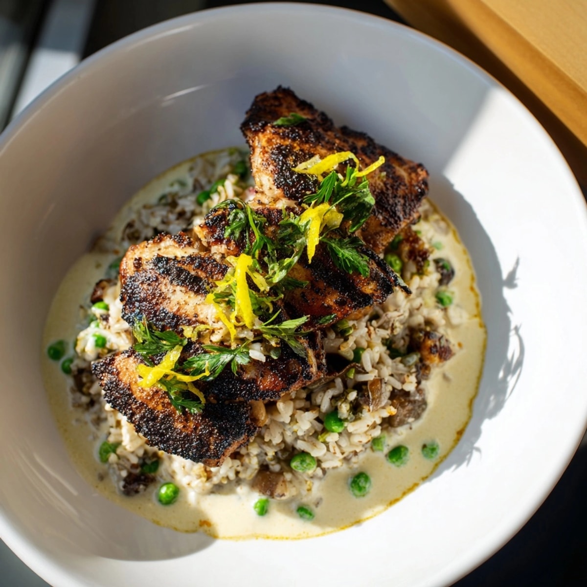 One-pot creamy lemon chicken and rice featuring golden-browned thighs nestled in zesty, rich sauce.