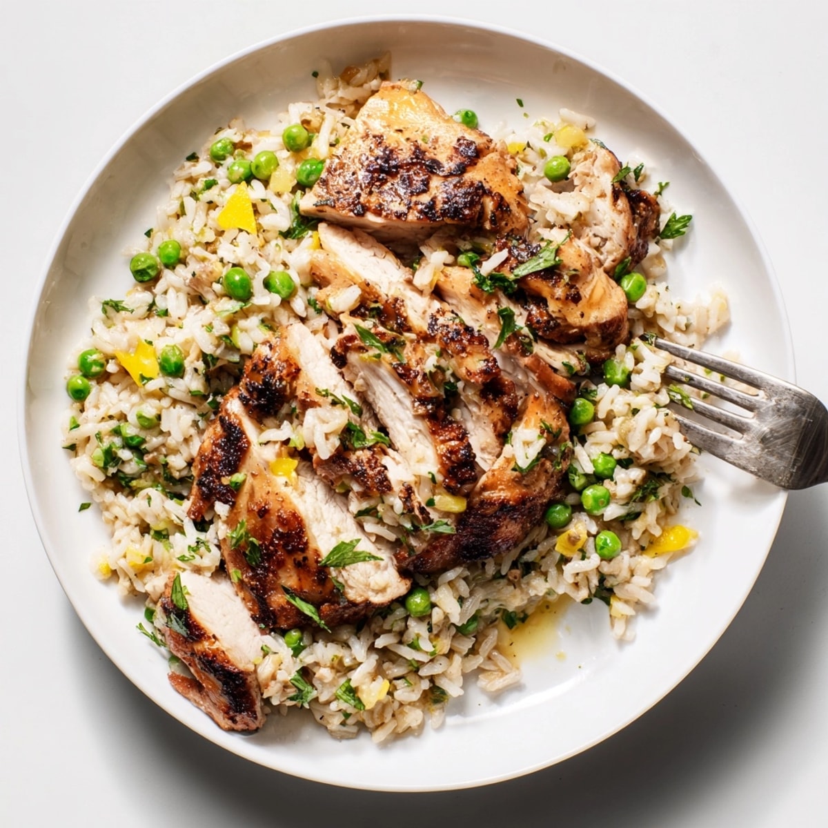 Steaming one-pot creamy lemon chicken and rice with tender peas, ready for family-style sharing.