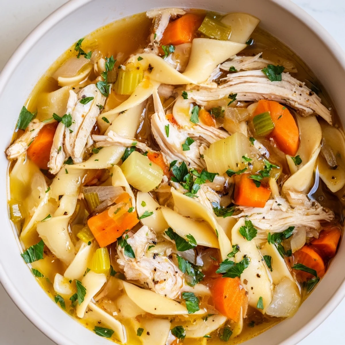 Hearty Cozy Chicken Noodle Soup overflowing with tender chicken and golden egg noodles in a flavorful broth.
