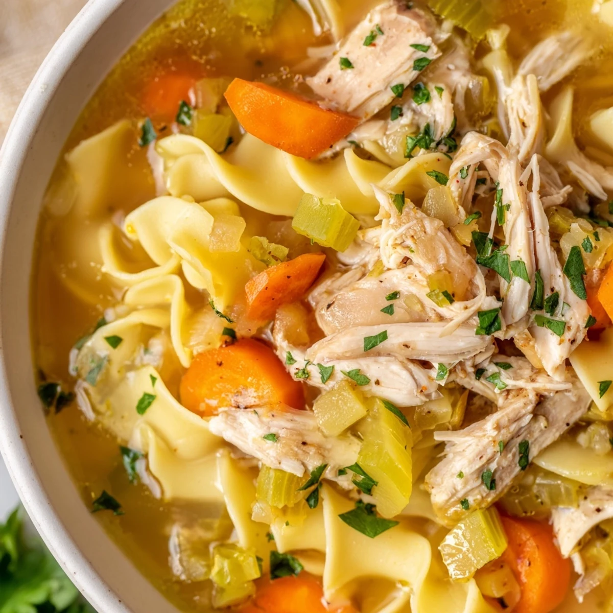 Steaming bowl of Cozy Chicken Noodle Soup garnished with fresh parsley, perfect for a soothing meal.