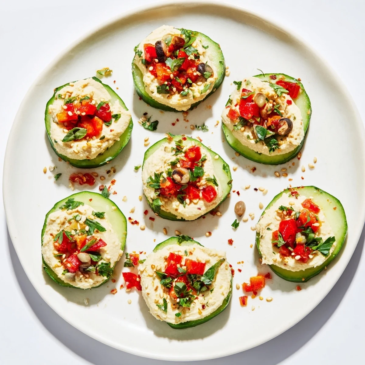 Quick Hummus and Cucumber Bites: cool cucumber rounds topped with creamy hummus, garnished with red pepper.