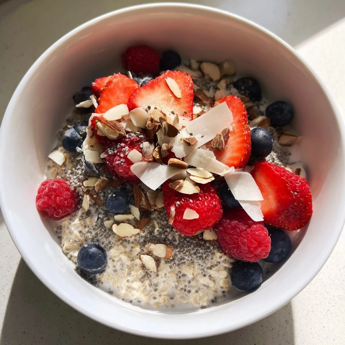 A jar of creamy overnight oats with berries and chia seeds, a healthy breakfast.