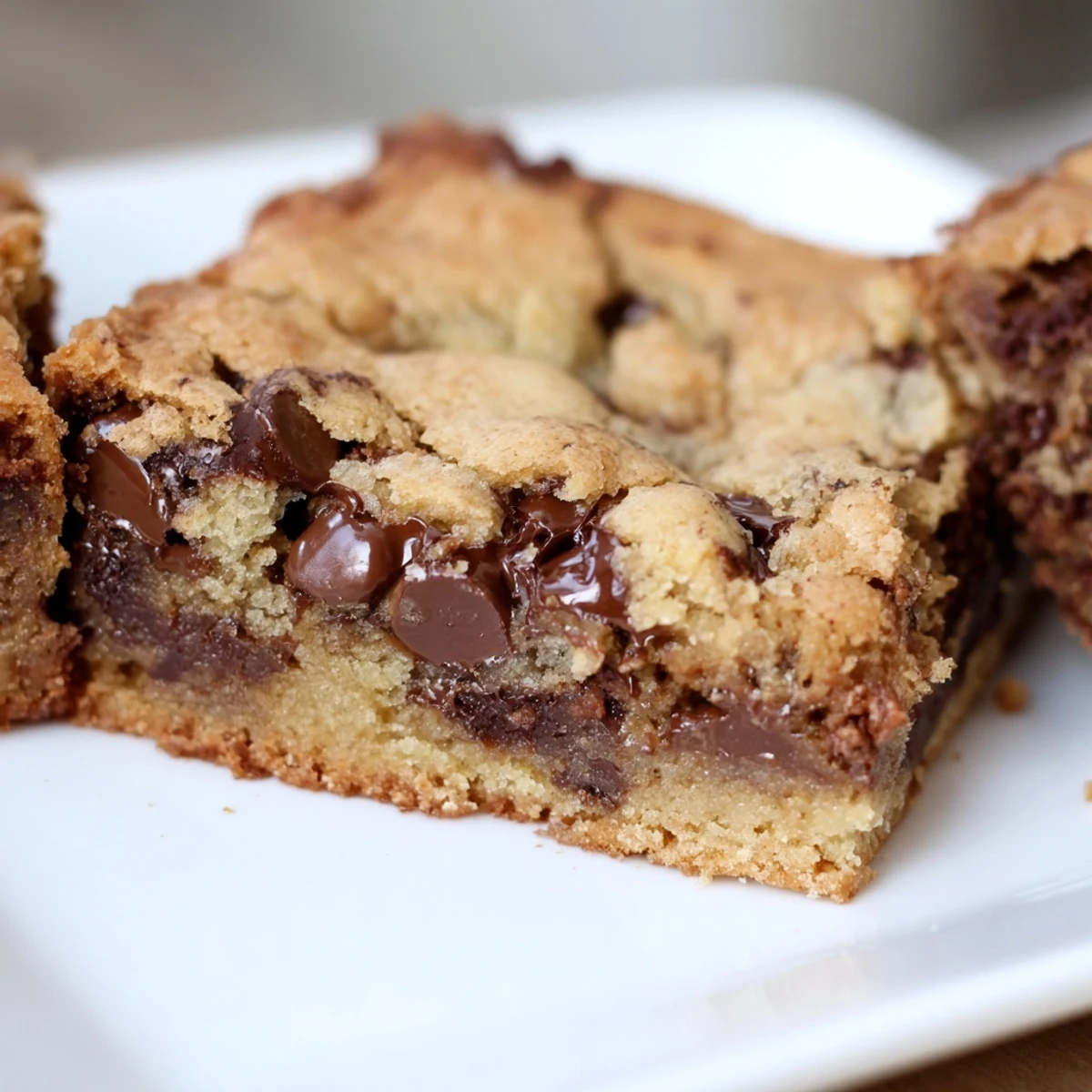 Deliciously warm The Ultimate Gooey Chocolate Chip Cookie Bars, perfect for a treat accompanied by a scoop of vanilla ice cream.