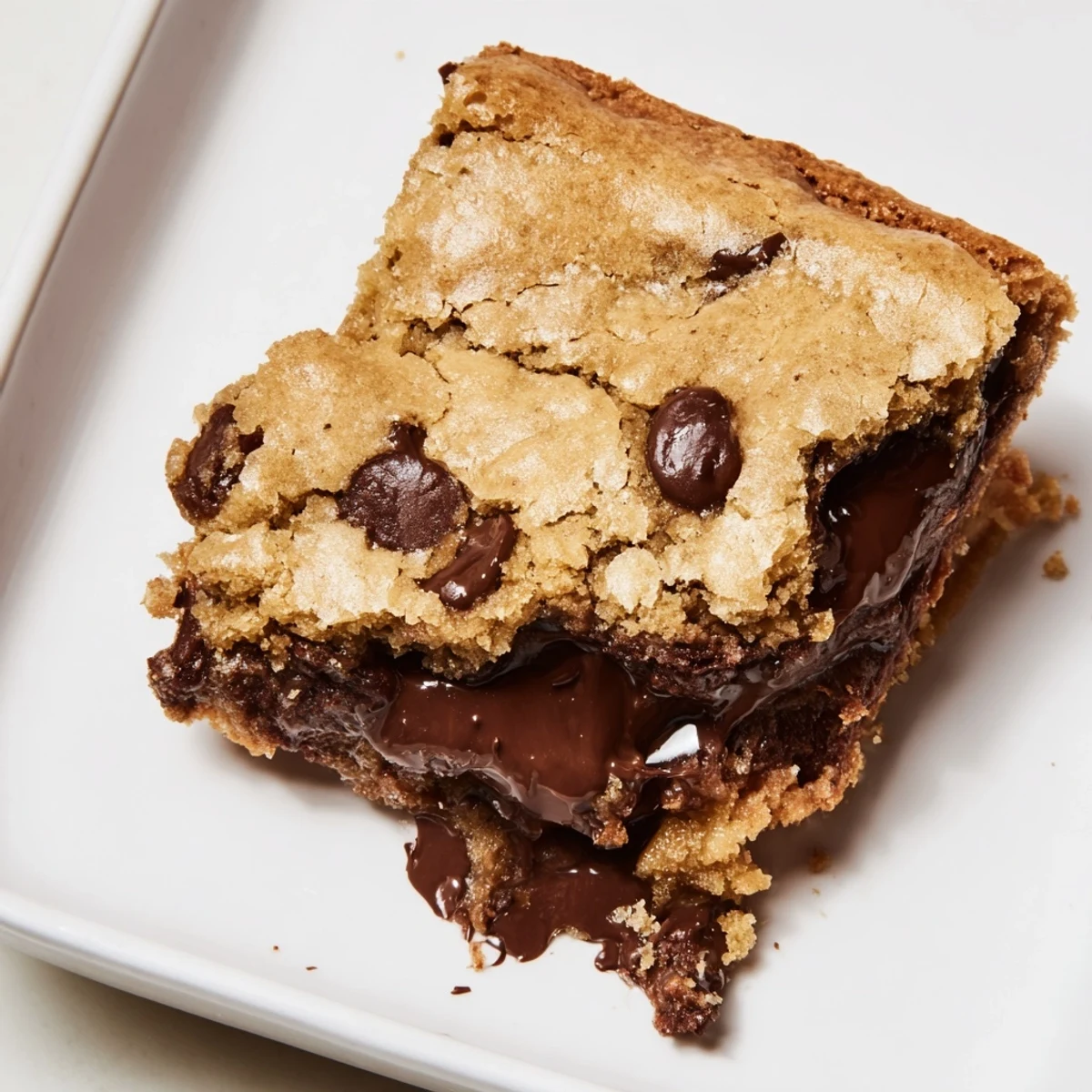 Close-up of a cut The Ultimate Gooey Chocolate Chip Cookie Bar, showcasing melty chocolate chips and a chewy texture.