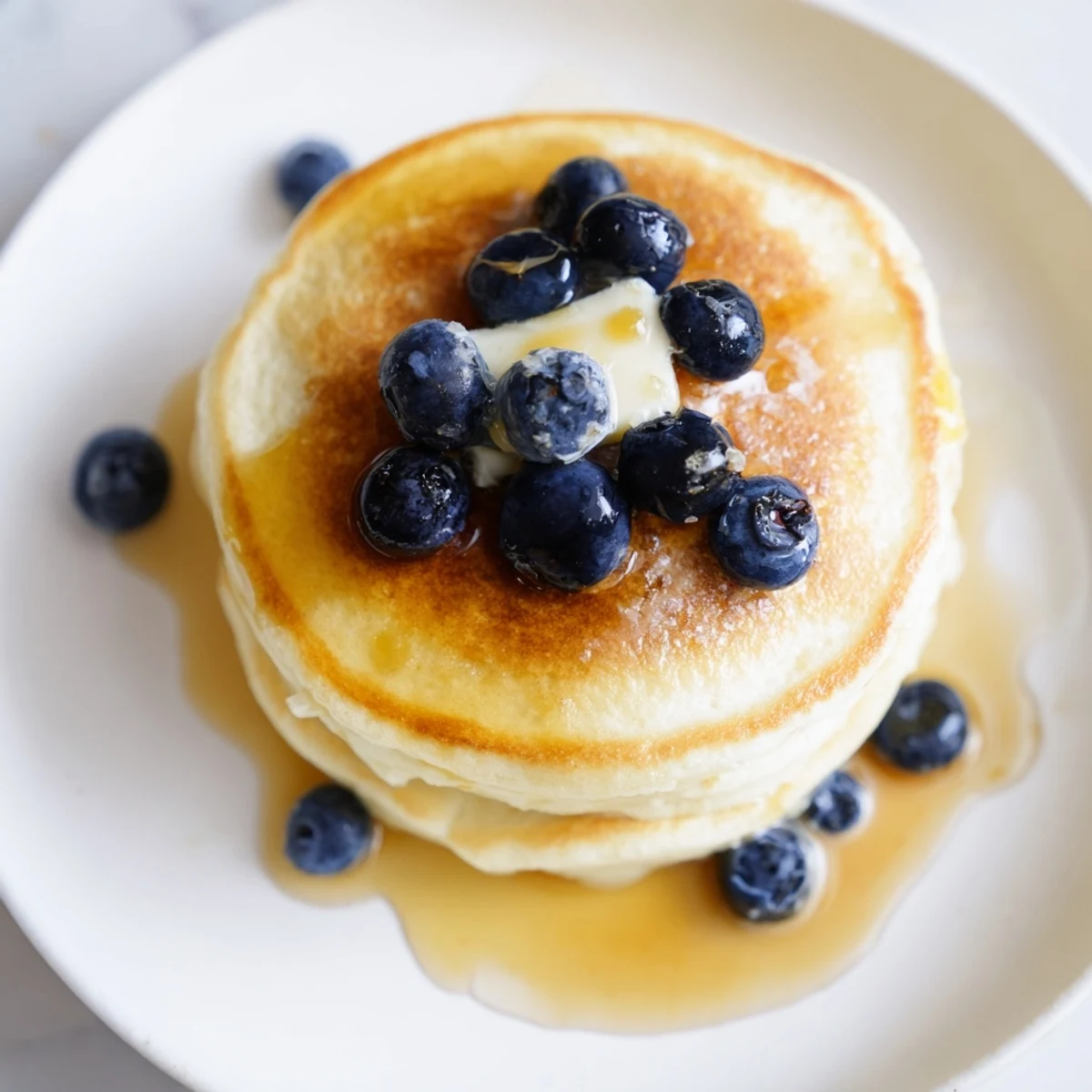 A stack of golden-brown Light and Fluffy Ricotta Pancakes drizzled with maple syrup looks delicious.