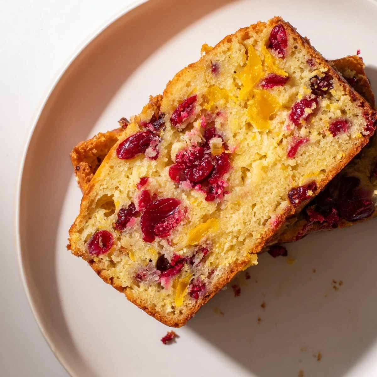 A warm slice of seasonal cranberry and orange bread, showing a moist, golden crumb texture.