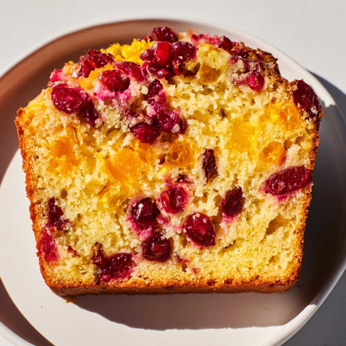 Enjoy this detailed shot of a rustic loaf of cranberry and orange bread, ready to be sliced.