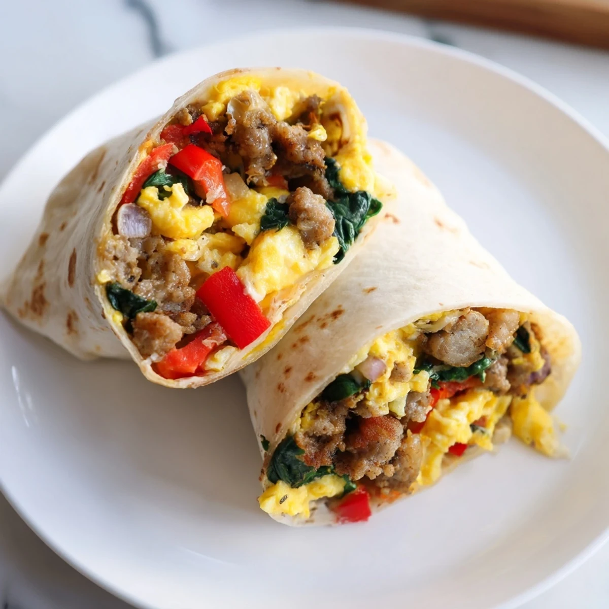 Golden cheddar cheese melts over Make-Ahead Breakfast Burritos packed with savory sausage and fluffy eggs.