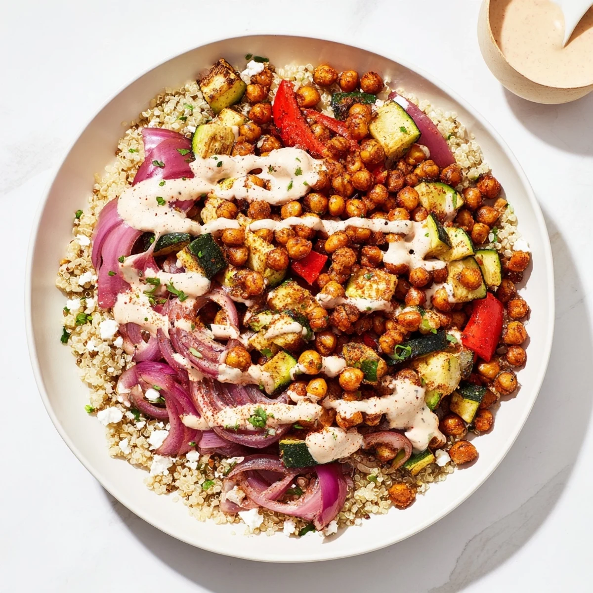 Vibrant Mediterranean Chickpea and Veggie Grain Bowl topped with fresh parsley and a creamy lemon-tahini dressing.