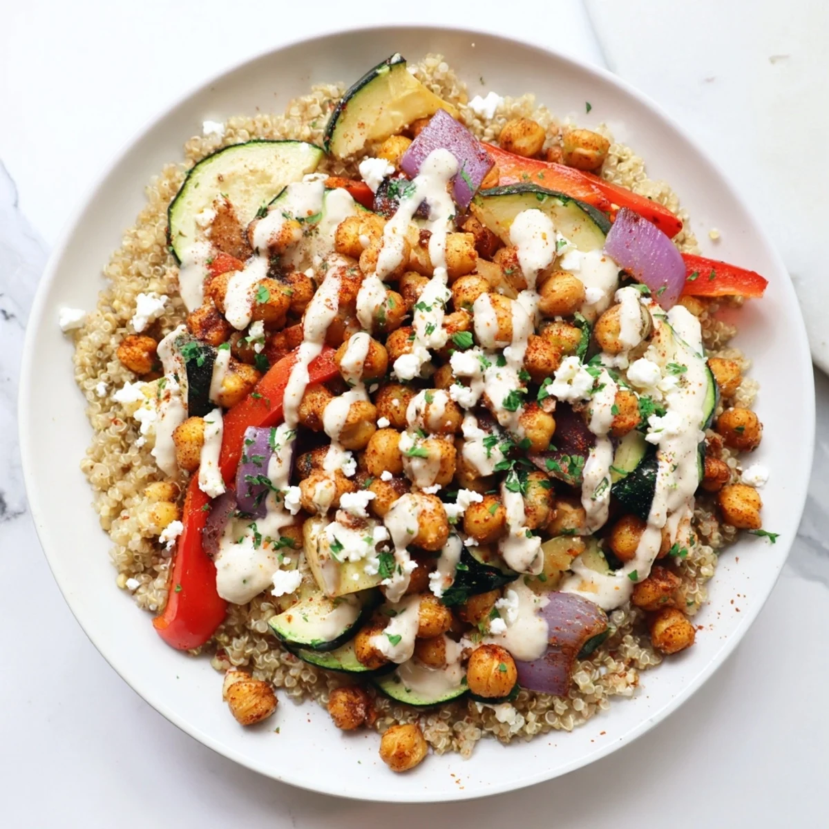 Close-up of a delicious Mediterranean Chickpea and Veggie Grain Bowl, perfect for a healthy and satisfying meal.