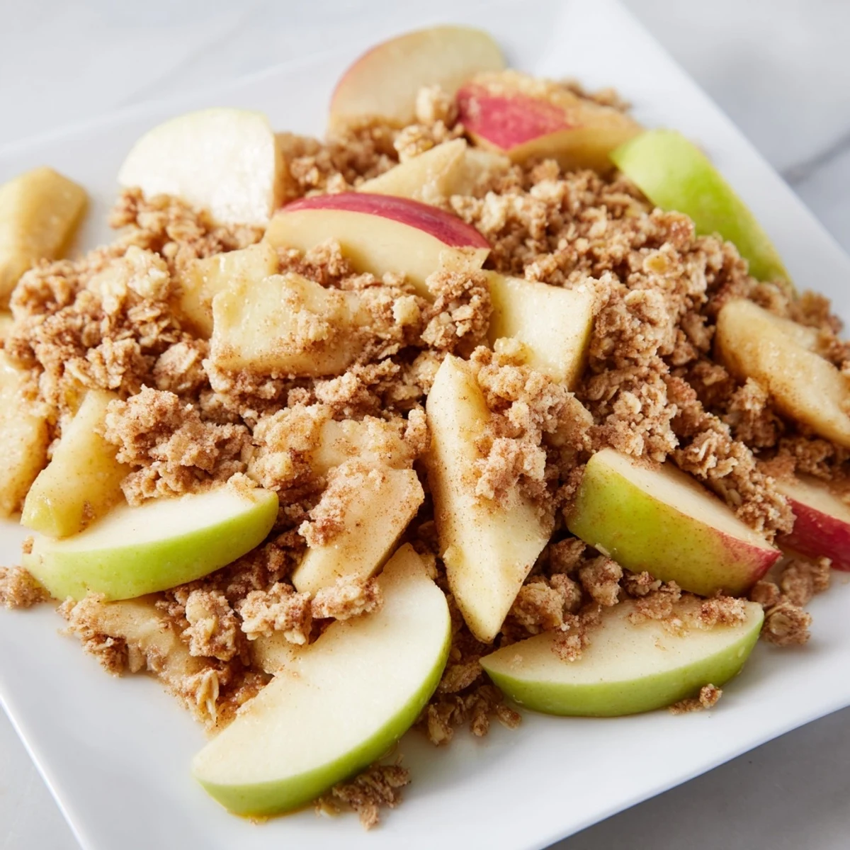 Golden brown Rustic Apple and Cinnamon Crumb Bake, bubbly from the oven, ready to serve warm.