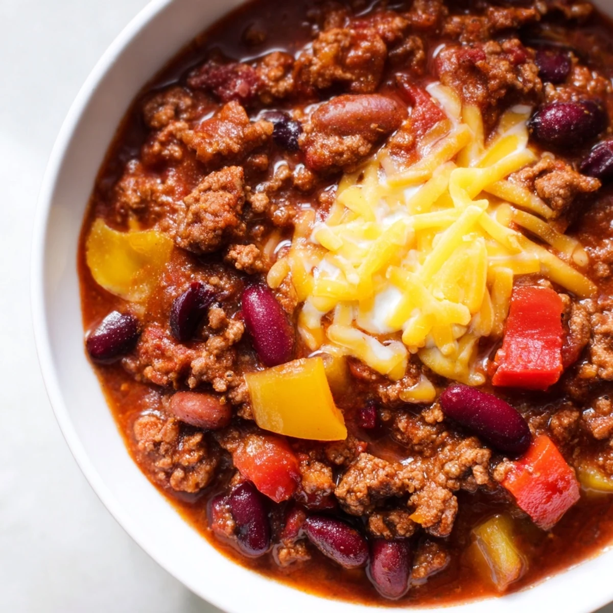 Steaming hot Simple Weeknight Chili, a rich blend of beef, beans, and spices, topped with cheddar.