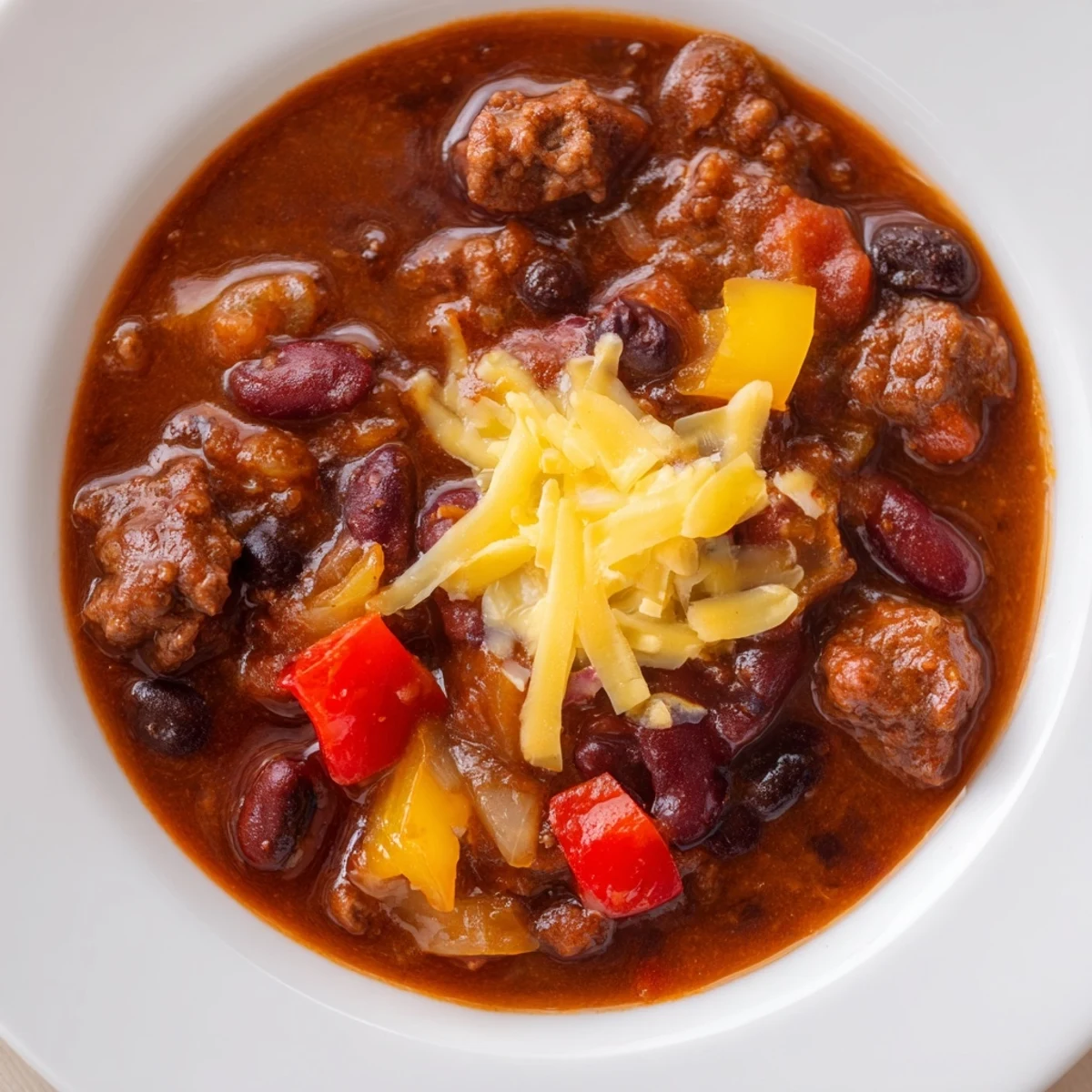 A close-up of a comforting bowl of Simple Weeknight Chili, with vibrant red and brown hues.