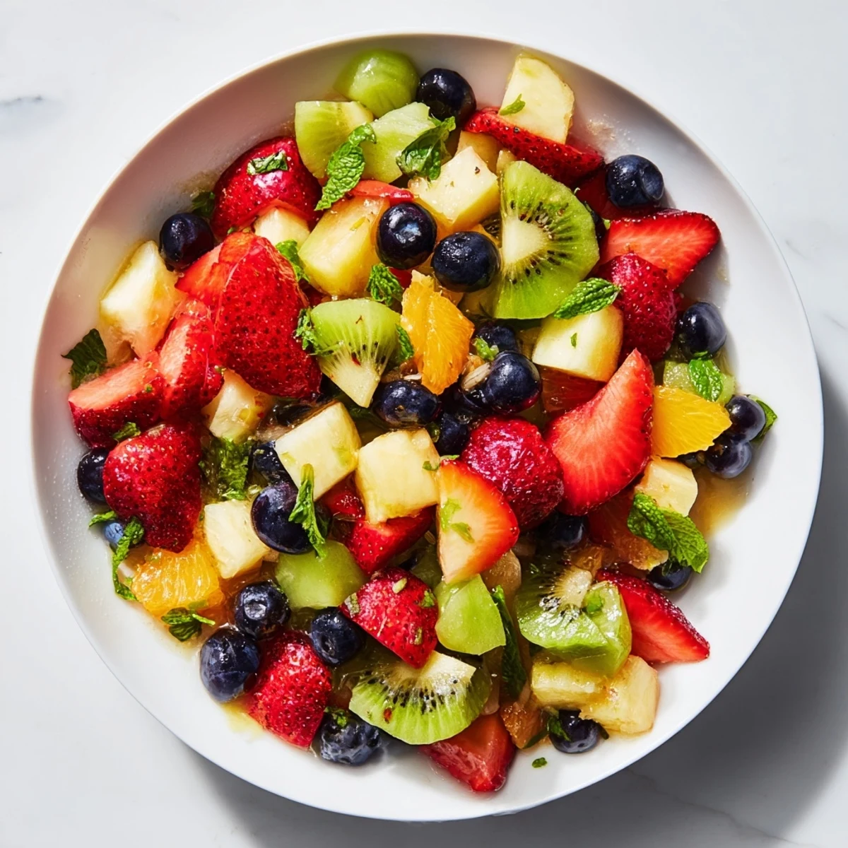 Vivid images of a colorful fruit salad, chilled and ready, highlighted with a delicious honey-lime glaze.