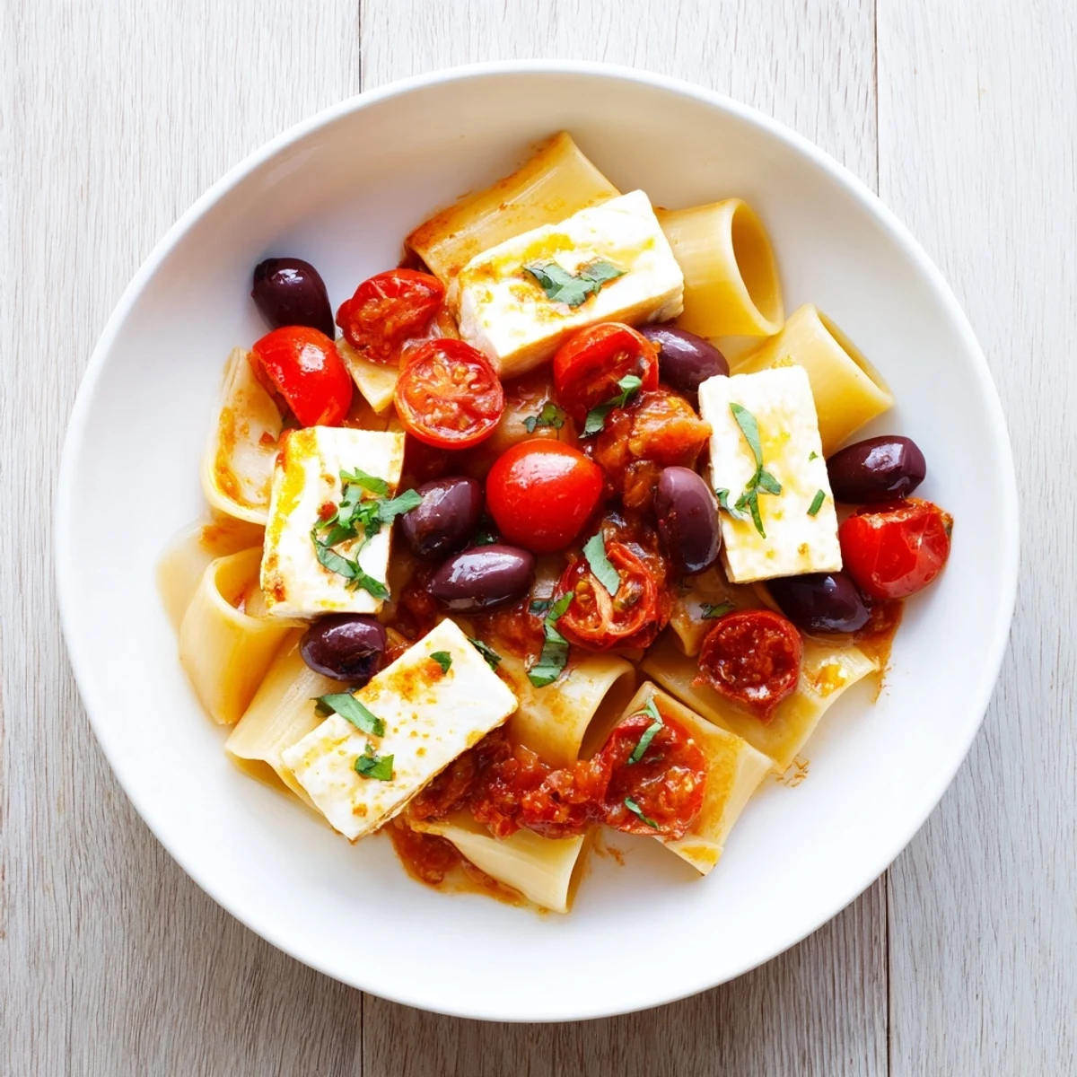 Golden baked feta pasta with bursting tomatoes and olives, ready for serving with fresh basil.