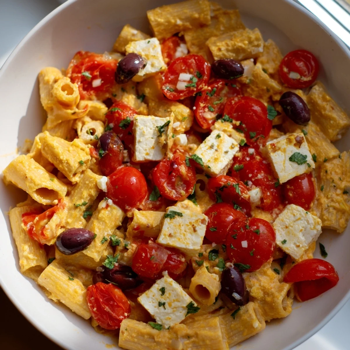 A delicious image shows creamy Baked Feta Pasta, a Mediterranean delight, garnished with fresh basil.