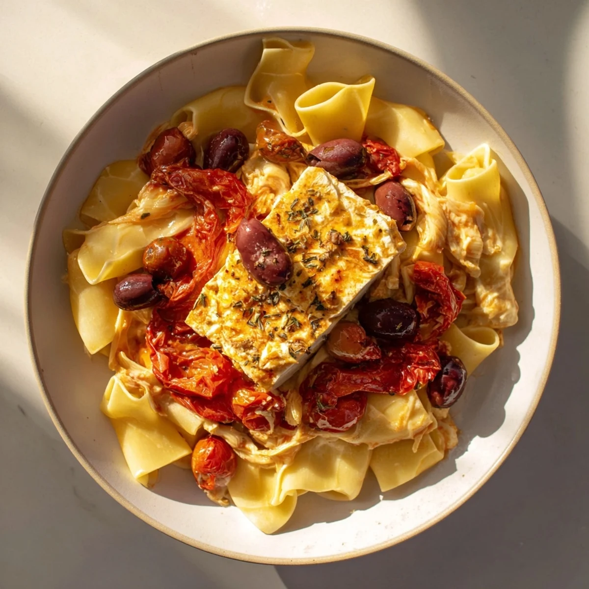 Close-up of bubbling Baked Feta Pasta, perfectly cooked with a rich, savory tomato sauce and olives.