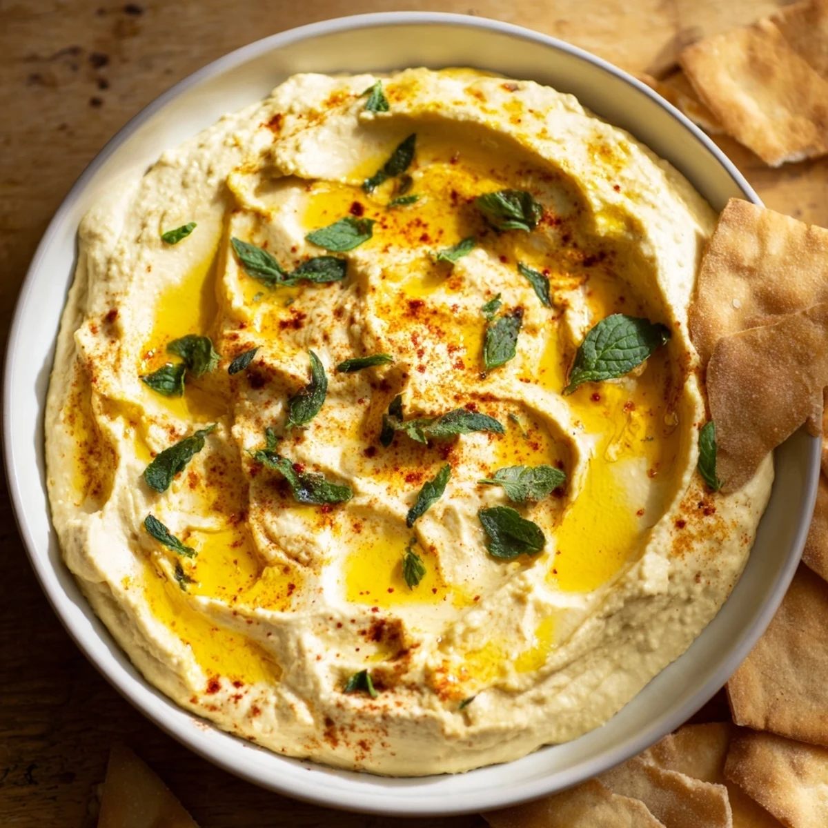 Creamy Sahara Dune appetizer: Picture smooth hummus dunes, drizzled with oil and paprika.