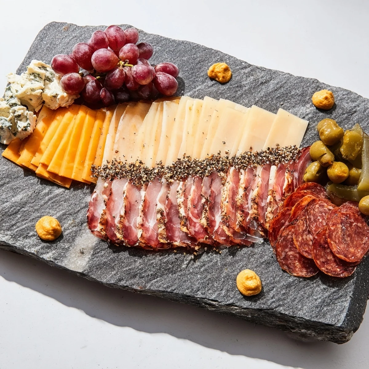 Industrial Slate charcuterie board, visually stunning with cold cuts and cheese arranged on slate.