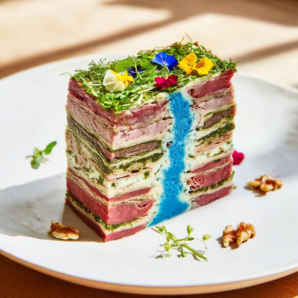 A layered, vibrant Grand Canyon Rim terrine reveals a creamy blue cheese river, ready to slice.