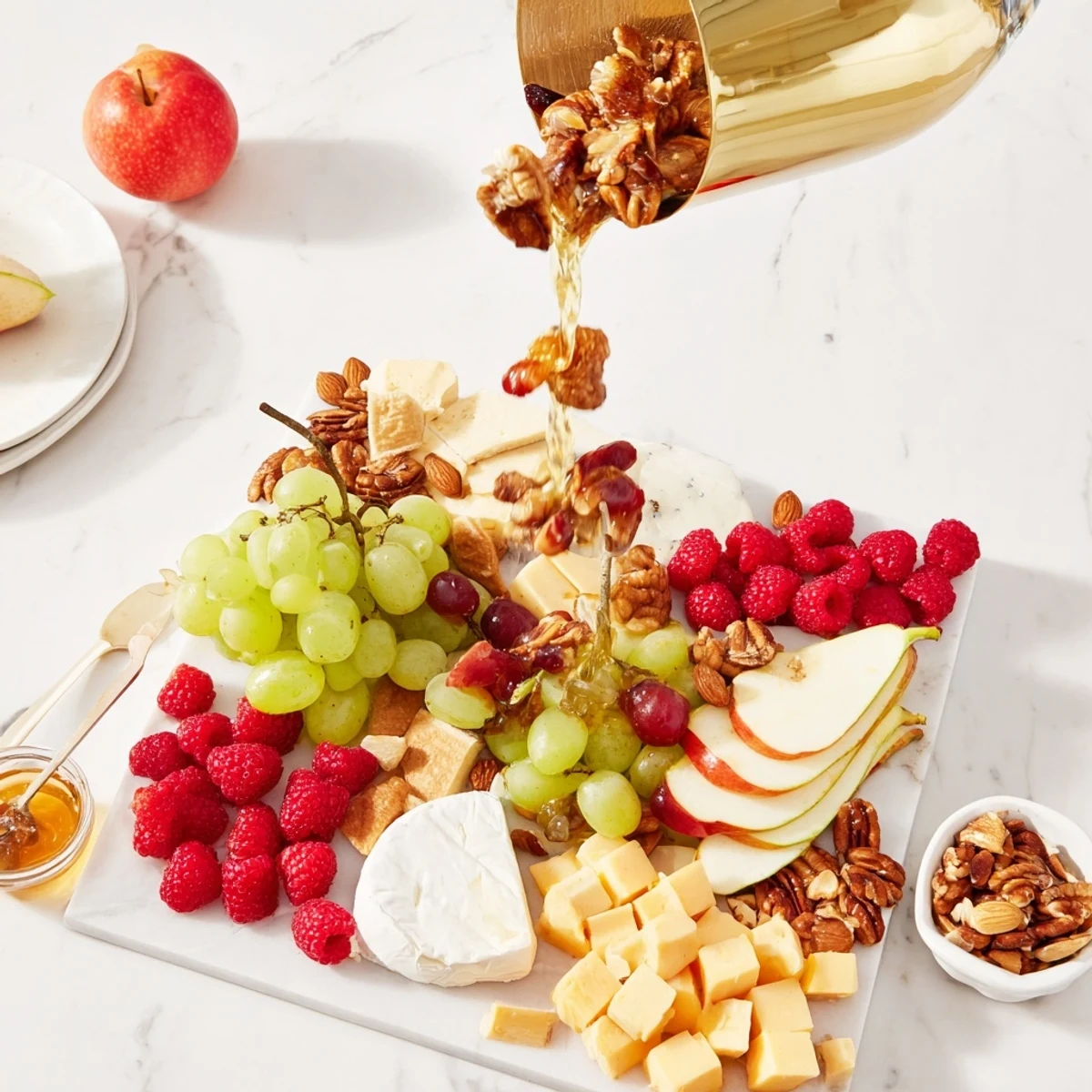 Champagne Waterfall Board overflowing with red grapes, cheese, and meats, perfect for entertaining guests.