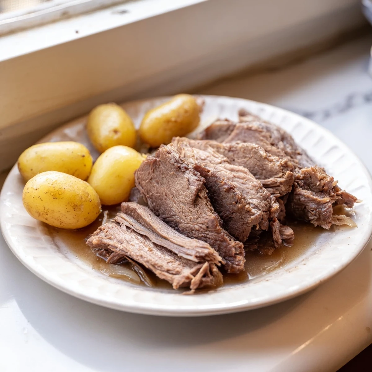 Tender slow cooker pot roast, falling apart and served with potatoes and savory gravy.
