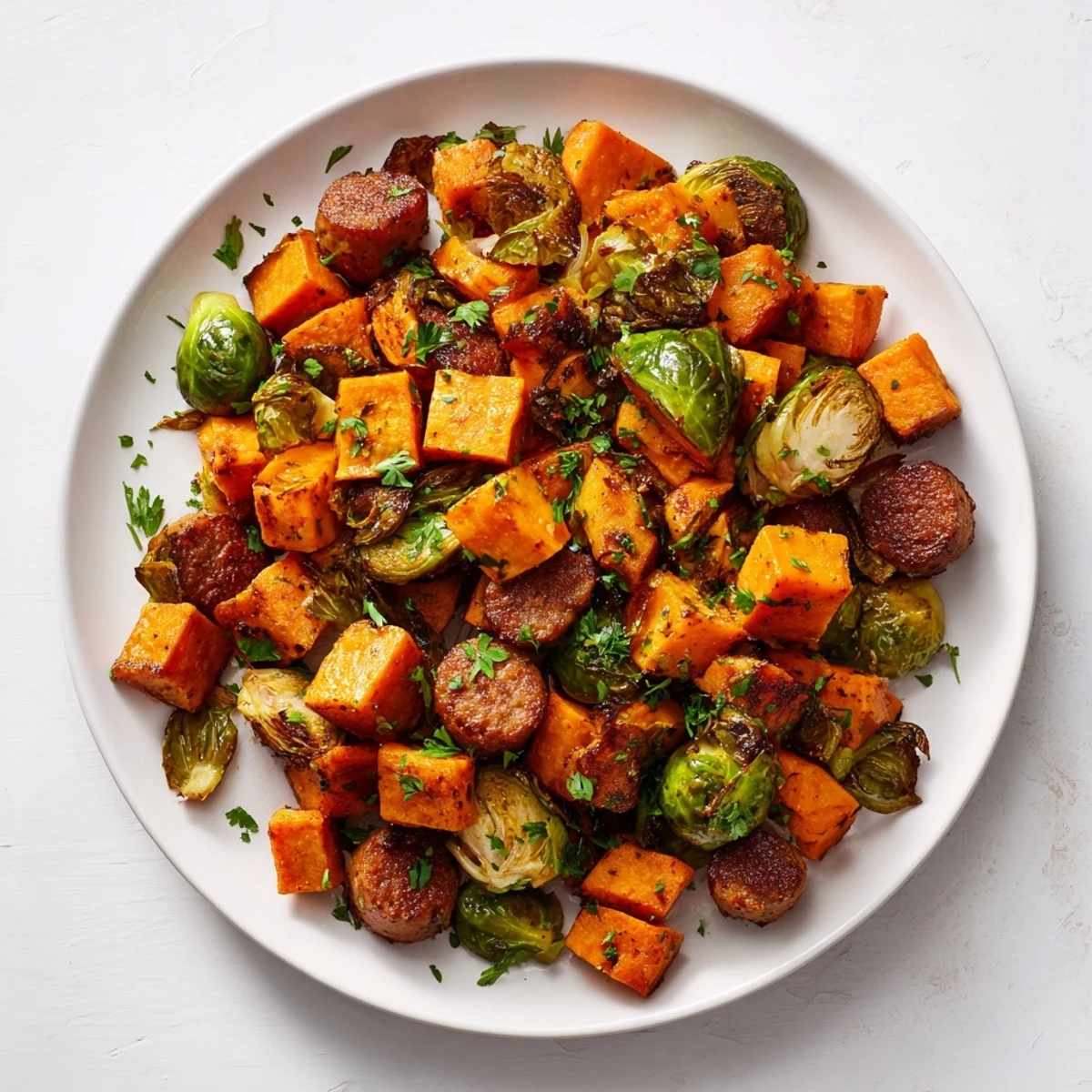Sizzling Italian sausage nestled with roasted sweet potatoes and Brussels sprouts in this sheet pan recipe.