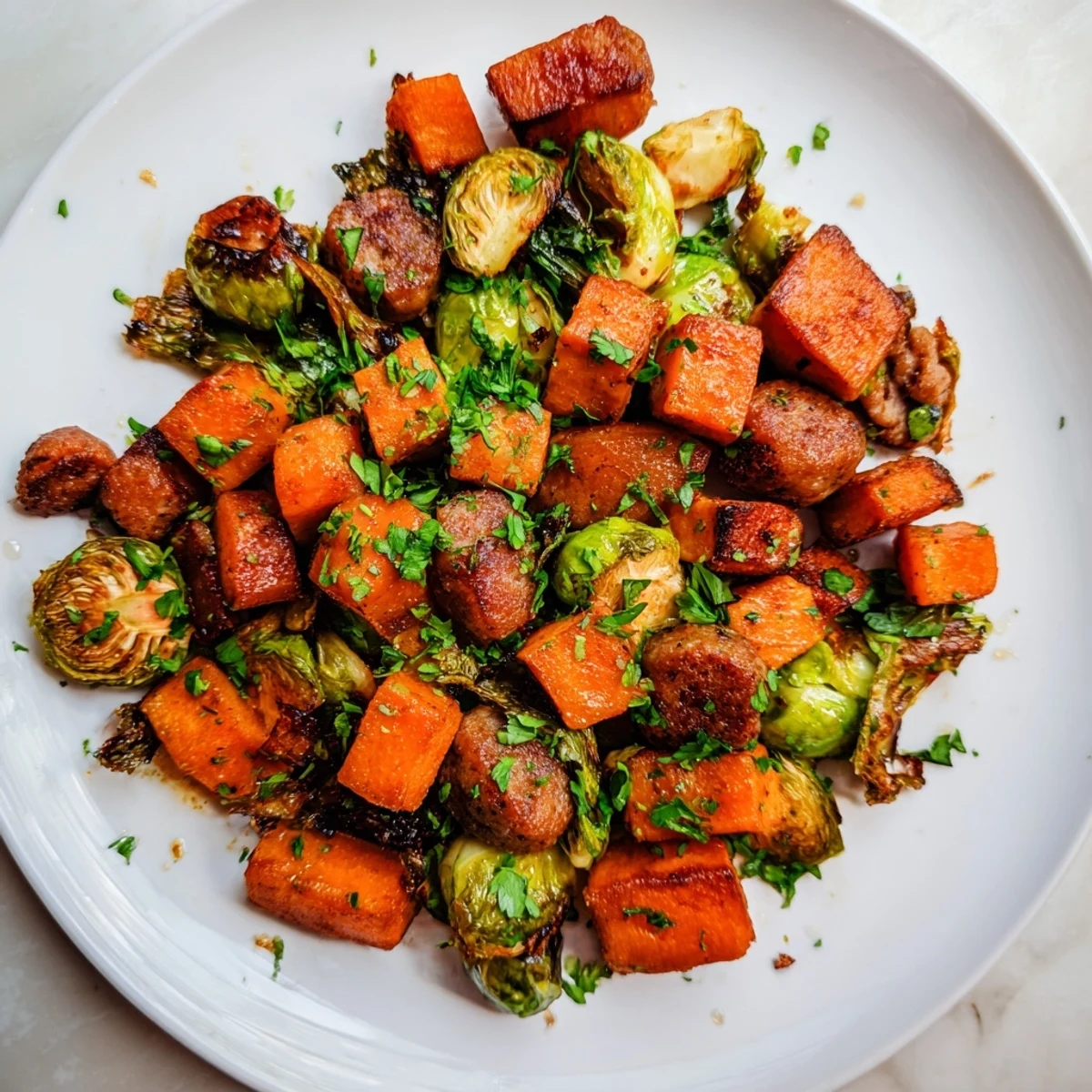 Vibrant image of sheet pan sausage, sweet potato, and Brussels sprouts, showcasing healthy weeknight cooking.