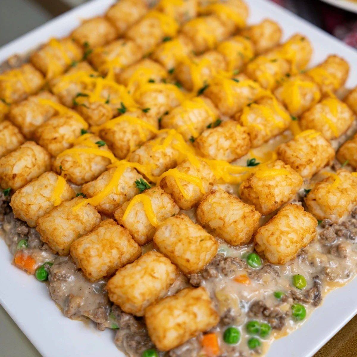 Golden, crispy tater tots crown a bubbling Family Favorite Tater Tot Casserole, a delightful dinner.