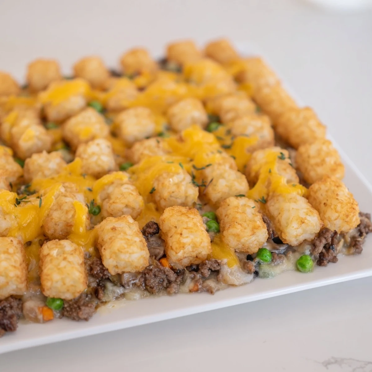 A bubbly baking dish is filled with Family Favorite Tater Tot Casserole, a comforting American classic.