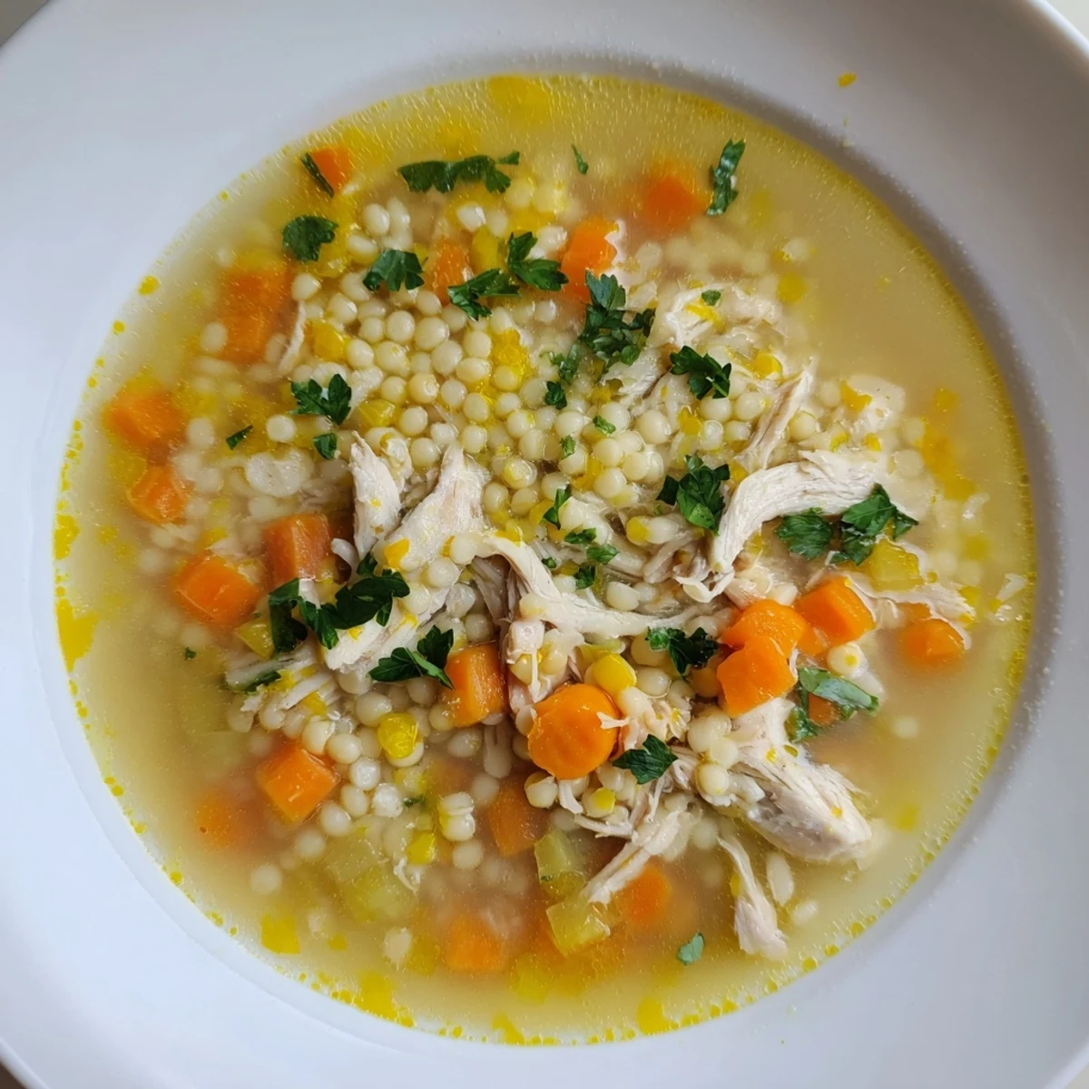 Steaming bowl of Chicken and Ditalini Flu Fighter Soup, garnished with fresh parsley, perfect for a cold day.