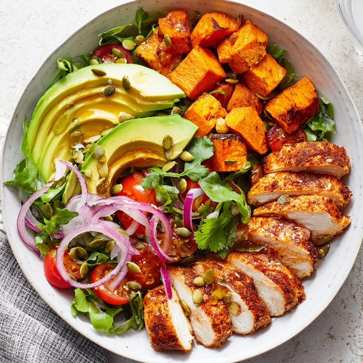 Avocado and Sweet Potato Chicken Bowl: A colorful plate of chicken, sweet potatoes, and avocado, ready to be enjoyed.