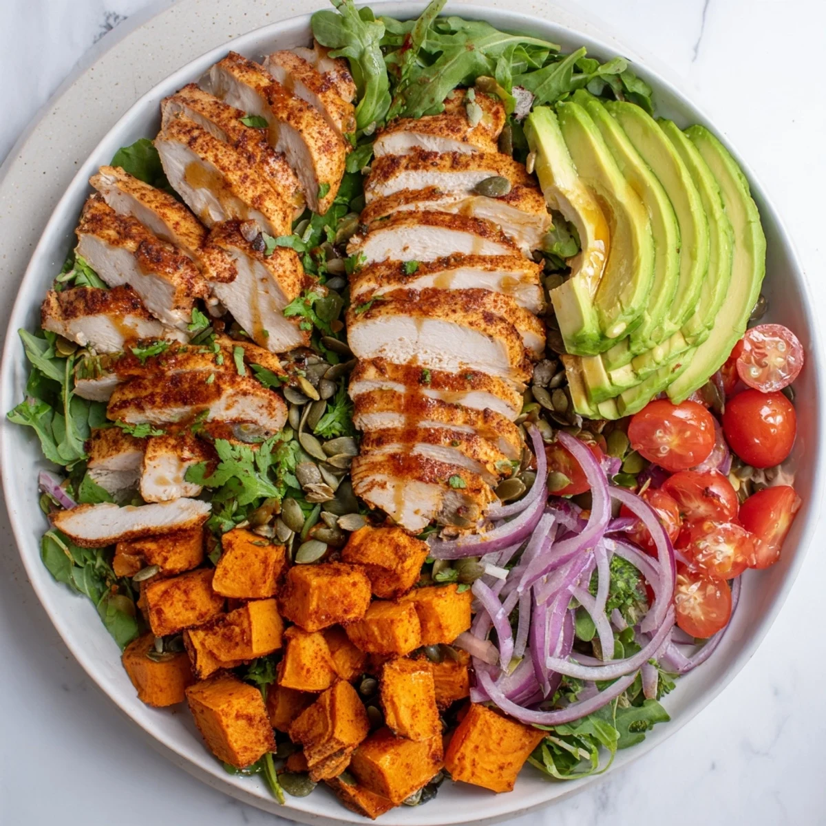 This Avocado and Sweet Potato Chicken Bowl shows off roasted sweet potatoes, a drizzle of hot honey, and fresh ingredients.