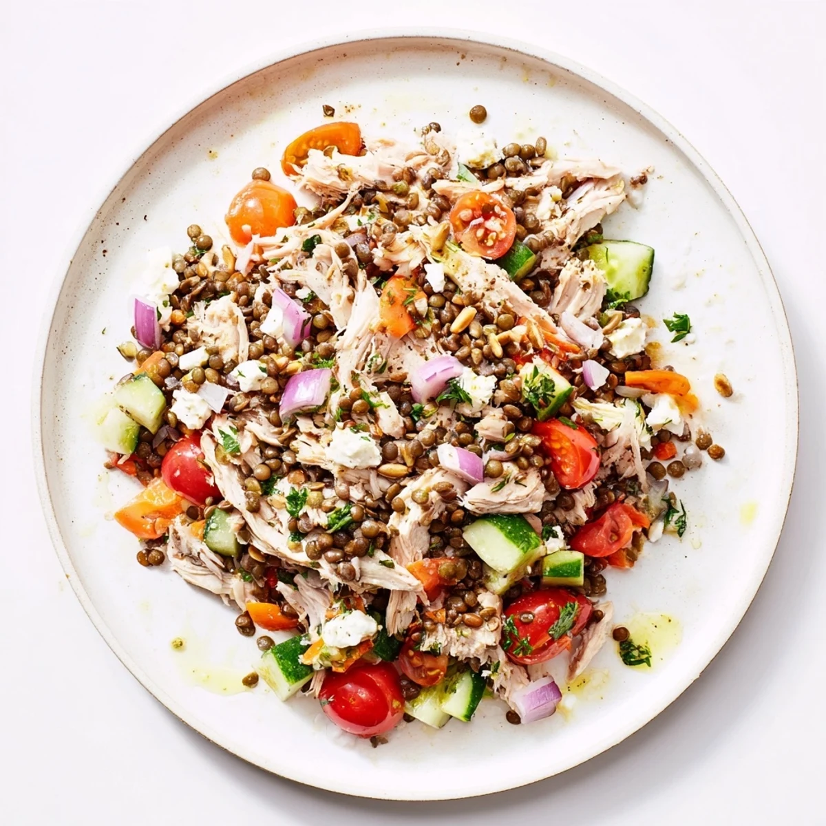 A vibrant Chicken and Lentil Recession Salad, showcasing fresh tomatoes and herbs in a flavorful mix.