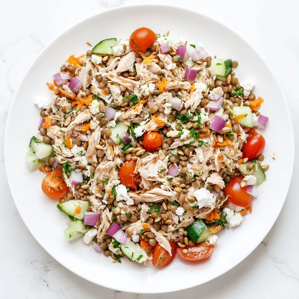 Hearty Chicken and Lentil Recession Salad, picture ready to eat, with a creamy vinaigrette dressing drizzled over it.