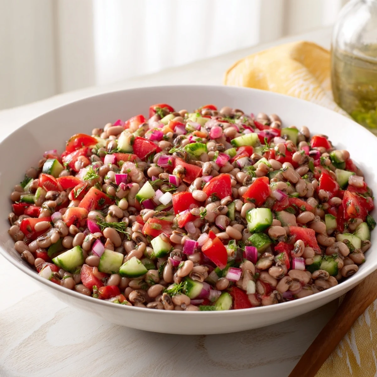 Vibrant Dense Bean Salad, tossed in tart cherry vinaigrette, ready to promote relaxation.