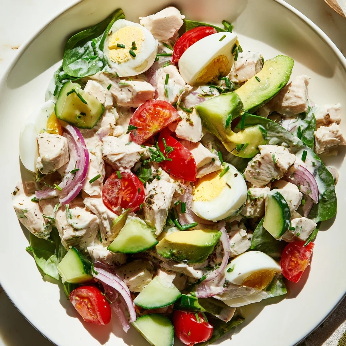 High-Protein Chicken and Egg Salad, creamy and colorful, ready for a satisfying, protein-packed lunch.
