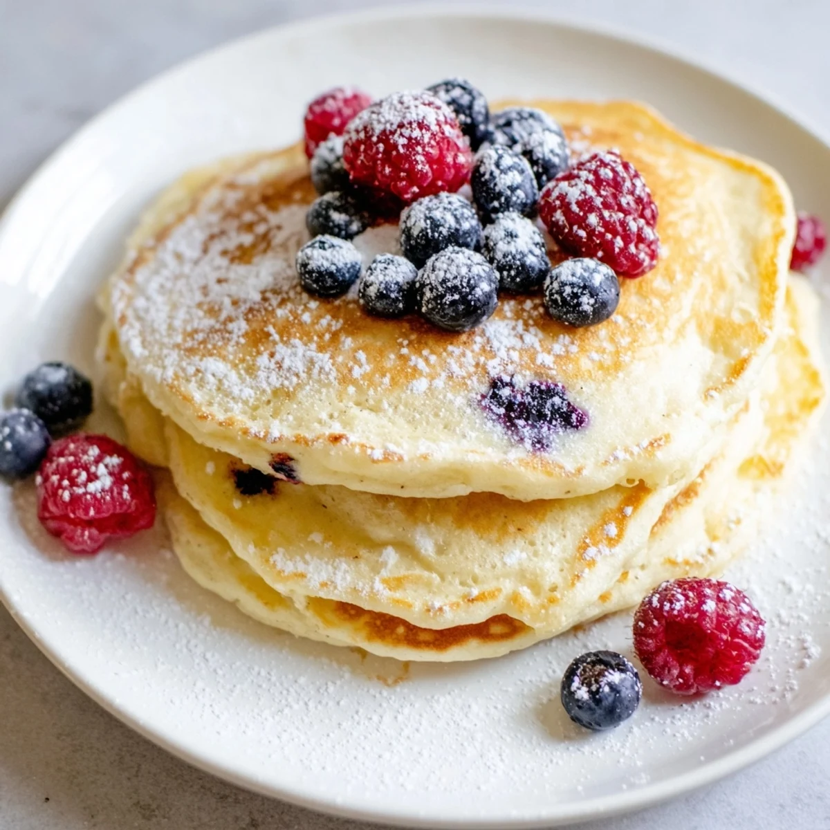 Fluffy Lemon Ricotta Pancakes golden-brown on a plate, drizzled with sweet maple syrup and berries.