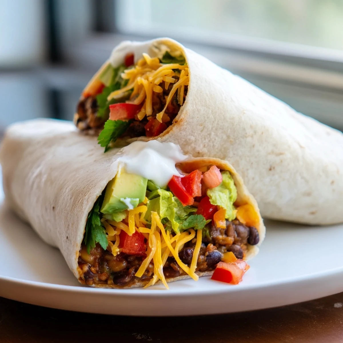 Golden brown, grilled Smoky Black Bean Burrito cut open, revealing creamy black beans and veggies.