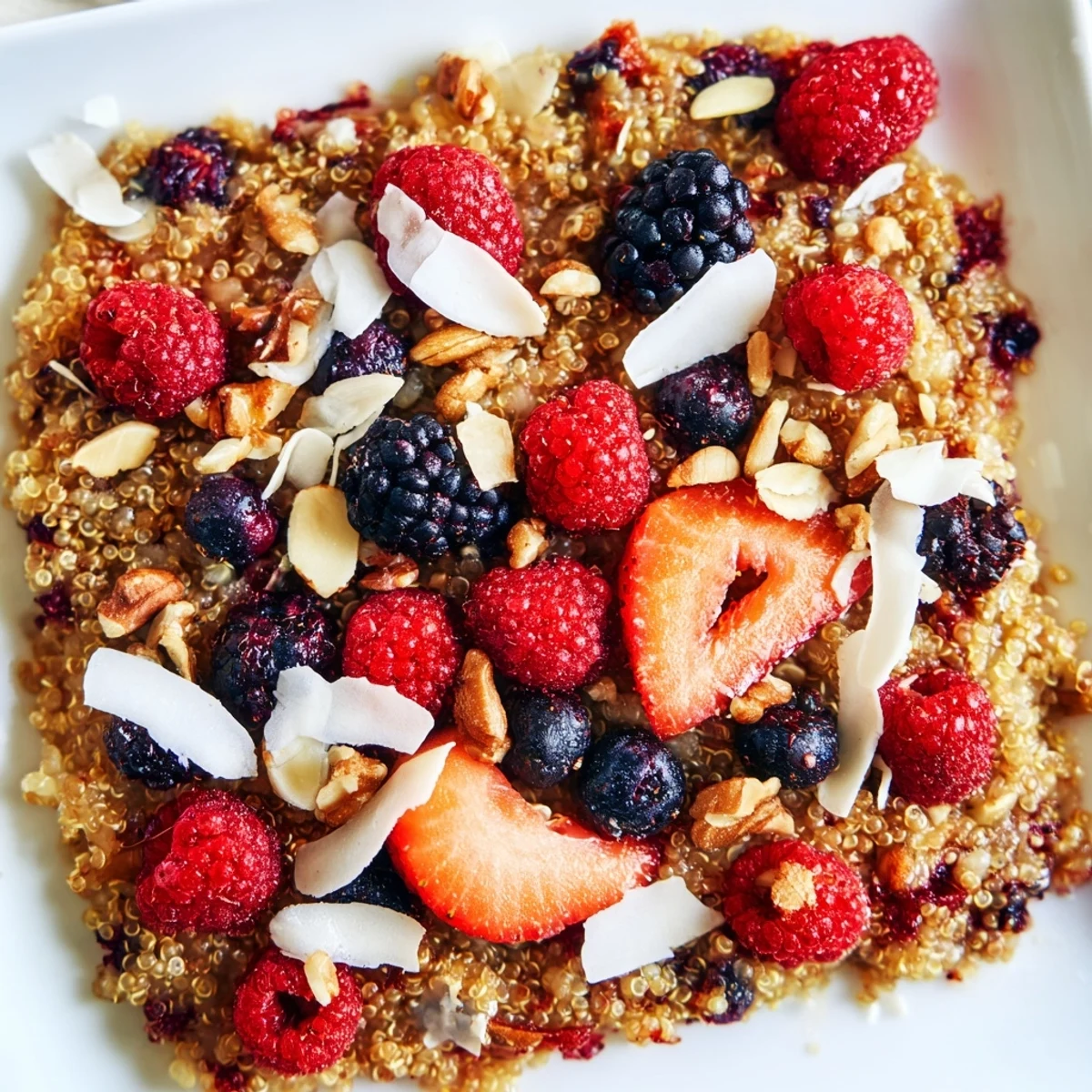 Warm Berry Quinoa Breakfast Bake with golden crust, overflowing with fresh, vibrant berries and nuts.