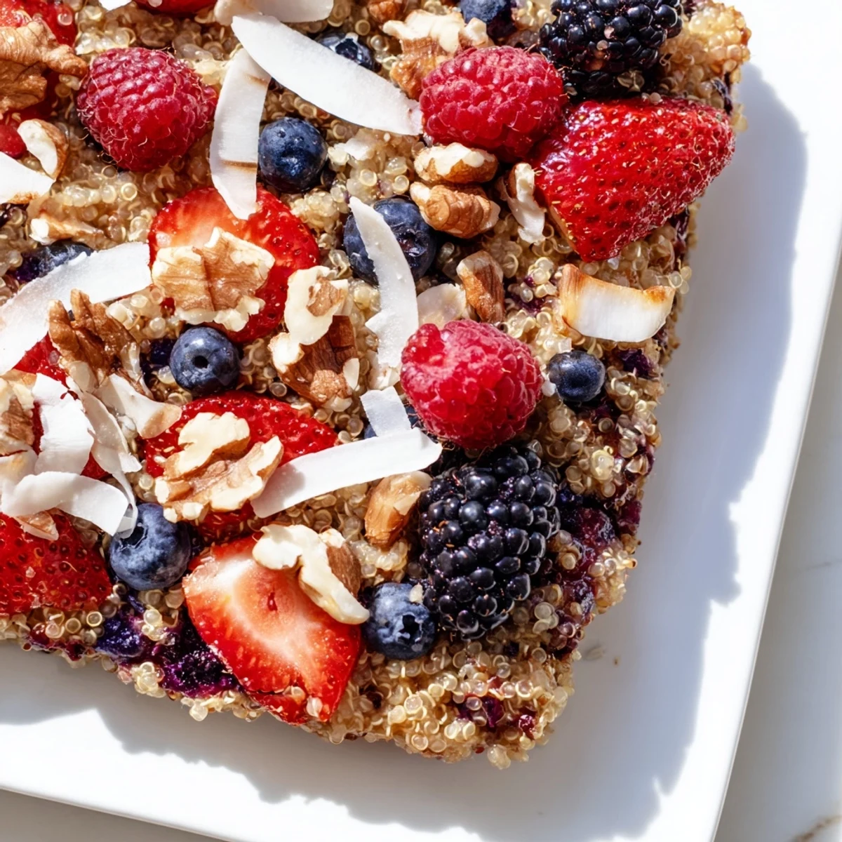 A steaming bowl of colorful Berry Quinoa Breakfast Bake, perfect breakfast served with milk or yogurt.