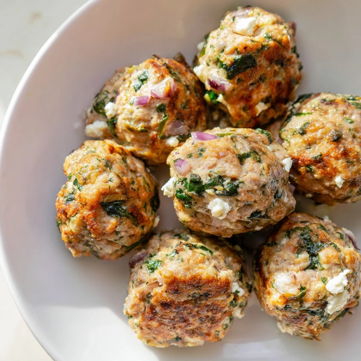 Golden-brown Spinach Feta Turkey Meatballs, tender inside and perfect with a fresh herb garnish.