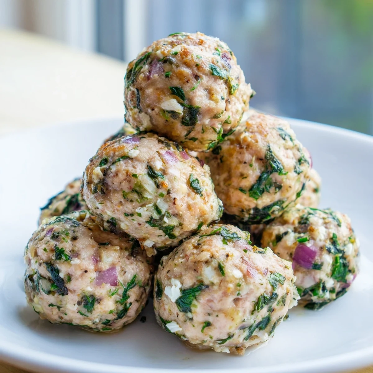 A platter of juicy Spinach Feta Turkey Meatballs, ready to be enjoyed with a side of tzatziki sauce.