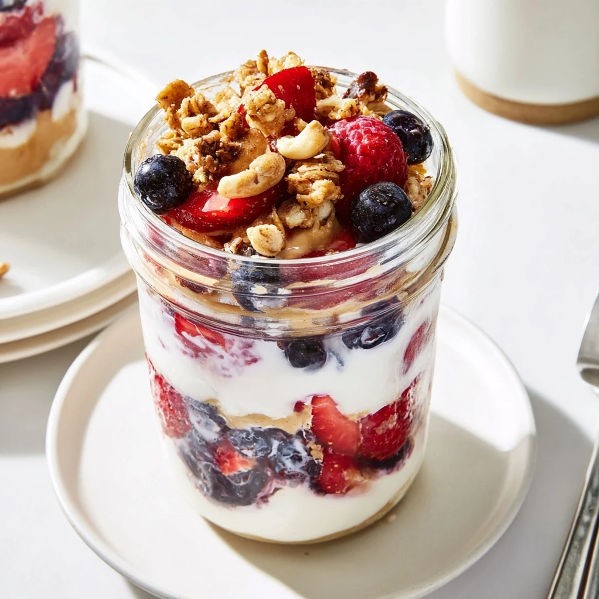 Cashew butter yogurt parfait layered high with berries, granola and a drizzle of honey.
