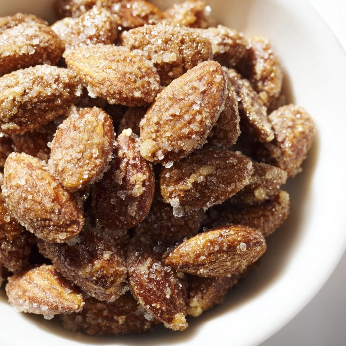 See the shiny, sugared surface of these warmly spiced cinnamon roasted almonds, ready for a perfect crunch.