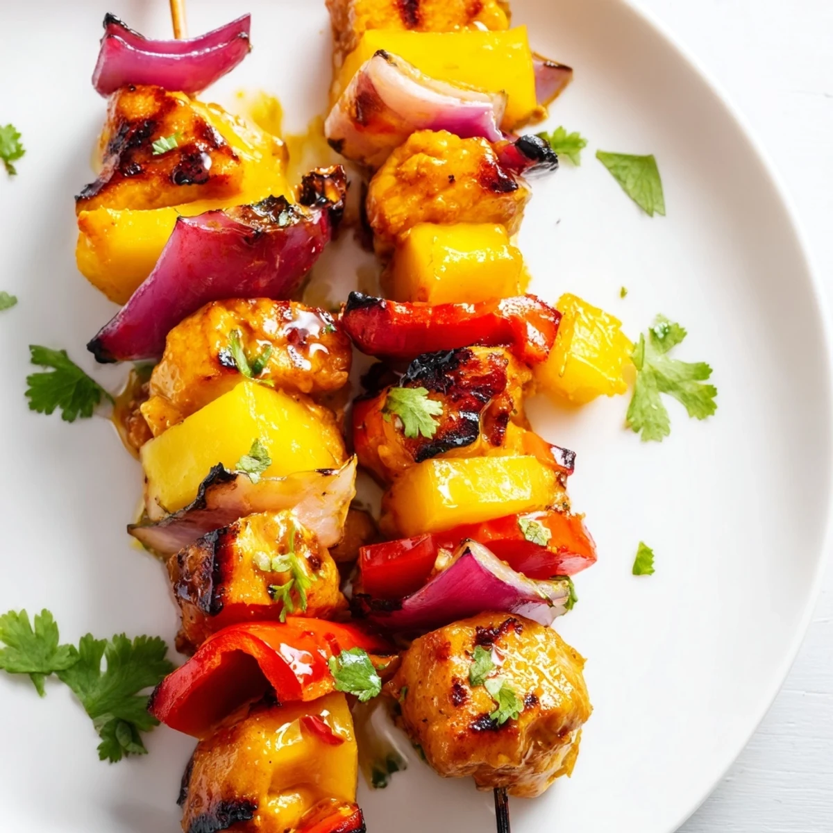 Juicy Mango Lime Chicken Skewers, grilled and ready, with colorful peppers and onions alongside.