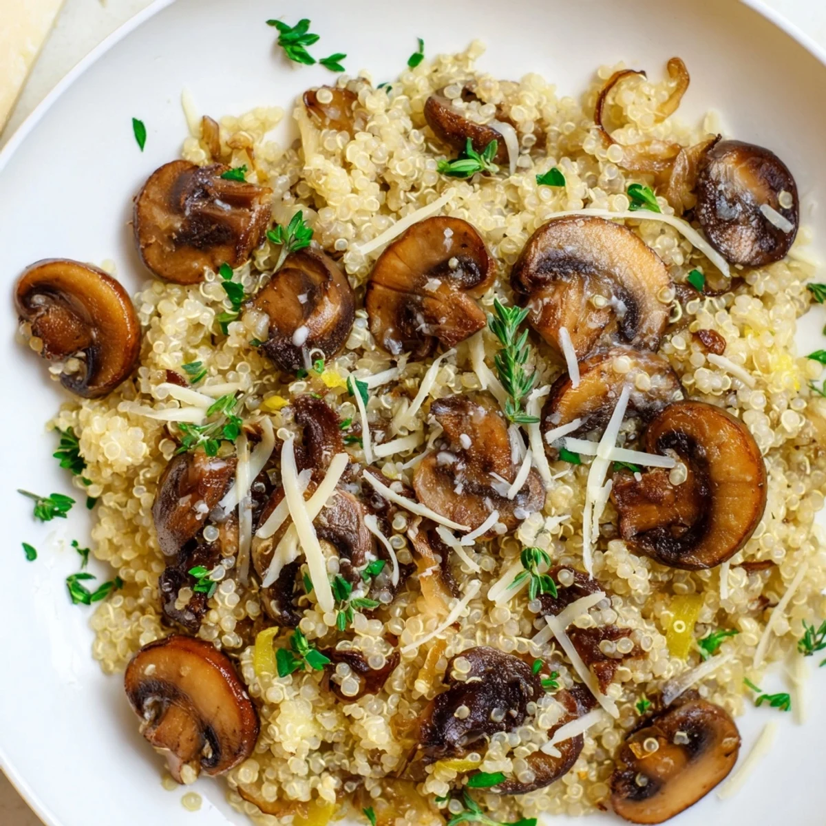 A steaming bowl of Mushroom Quinoa Risotto, creamy and richly flavored, ready to serve.