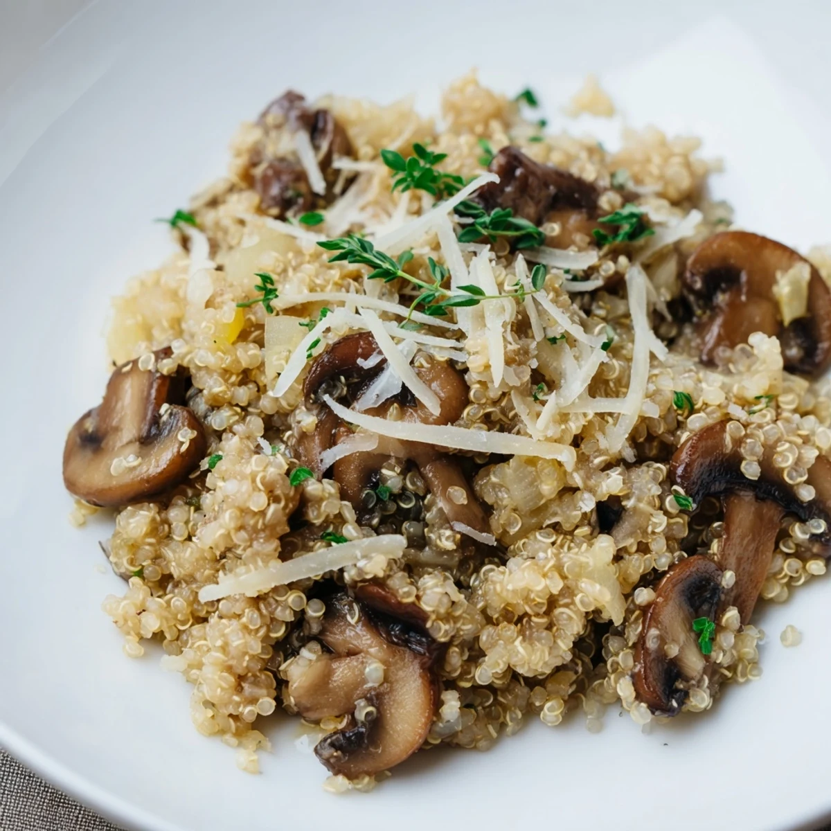 Delicious, vegetarian Mushroom Quinoa Risotto, garnished with fresh parsley and Parmesan cheese on top.