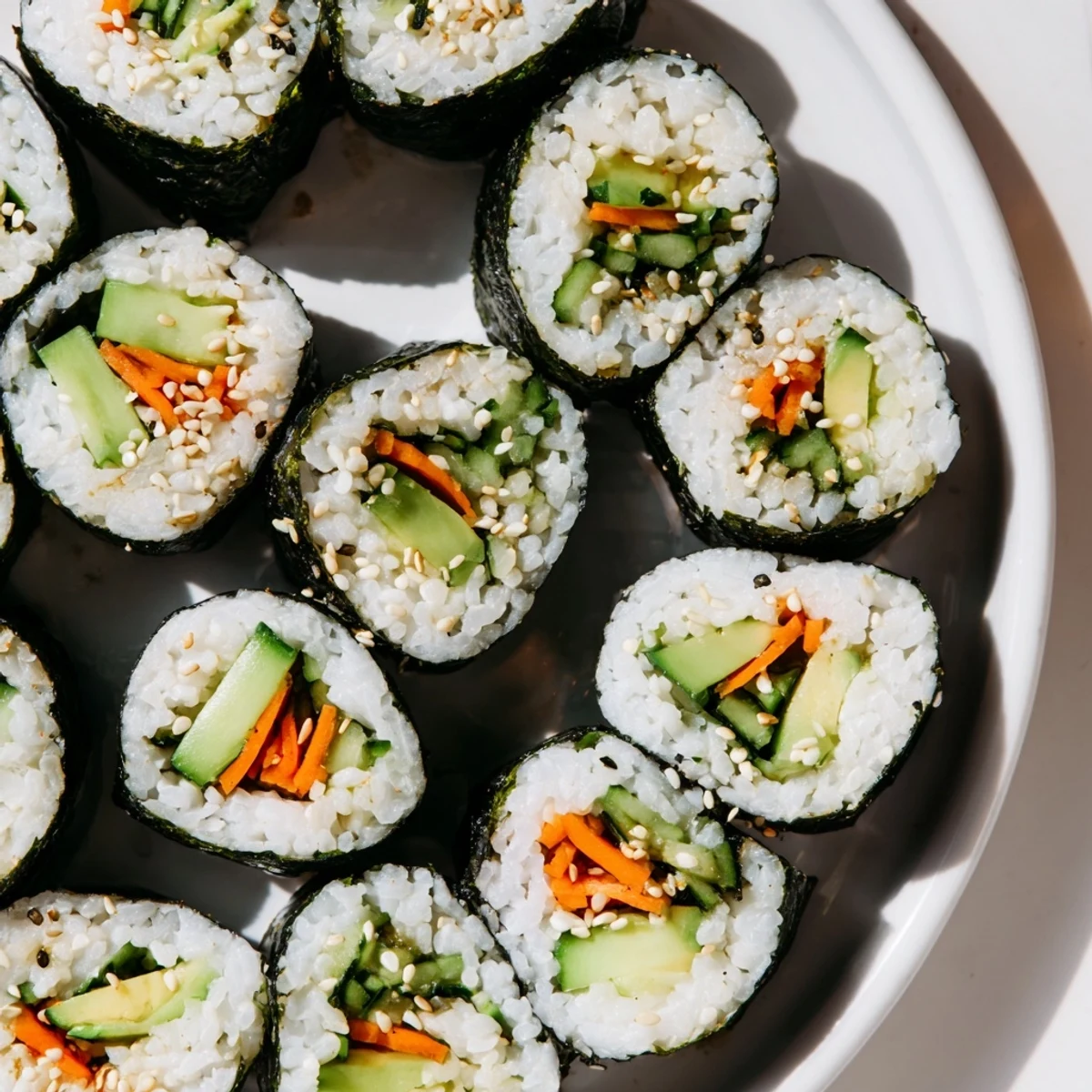 Fresh Avocado Cucumber Sushi rolls, glistening with vibrant greens and creamy avocado slices, ready to serve.