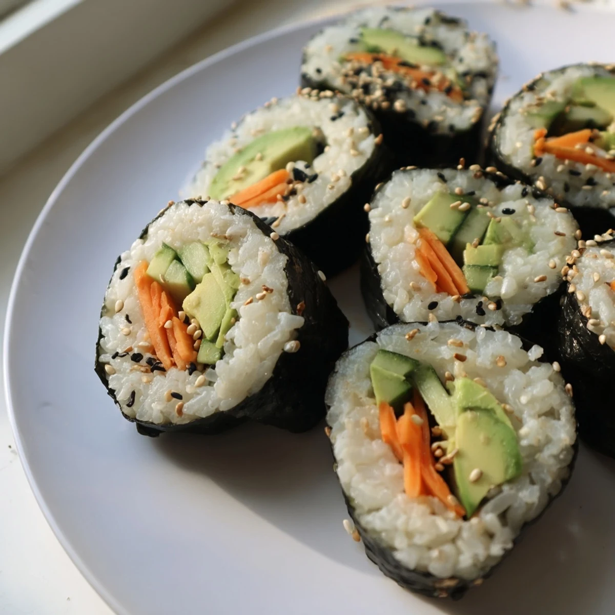 Perfectly formed Avocado Cucumber Sushi is showcased, with sesame seeds and fresh cucumber beautifully presented.